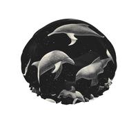 Grand bonnet de douche réutilisable pour femme - Double couche de dauphins noirs avec corde élastique et doublure en PEVA