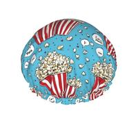 Grand bonnet de douche réutilisable pour femme - Double couche de pop-corn imprimé dessin animé avec corde élastique et doublure en PEVA