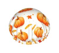 Grand bonnet de douche réutilisable pour femme, double couche imprimé citrouille, érable et blé, bonnet de douche avec cordon élastique et doublure en PEVA