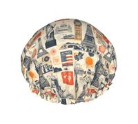 Grand bonnet de douche réutilisable pour femme - Double couche imprimé collage de monuments vintage pour la douche avec doublure en PEVA et corde élastique