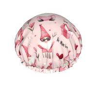 Grand bonnet de douche réutilisable pour femme double couche imprimé nain rose avec cordon élastique et doublure en PEVA