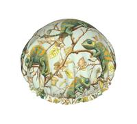 Grand bonnet de douche réutilisable pour femme - Double couche imprimée caméléon vert avec corde élastique et doublure en PEVA