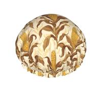 Grand bonnet de douche réutilisable pour femme - Double couche imprimée maïs d'automne pour la douche avec corde élastique et doublure en PEVA
