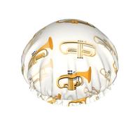 Grand bonnet de douche réutilisable pour femme double couche motif saxophone jaune vintage avec cordon élastique et doublure en PEVA