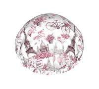 Grand bonnet de douche réutilisable pour femme - Double couche rose imprimée scène de rue de Paris avec corde élastique et doublure en PEVA