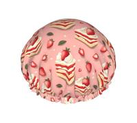 Grand bonnet de douche réutilisable pour femme, double gâteau à la fraise, 1 couche d'impression pour les cheveux, avec cordon élastique et doublure en PEVA