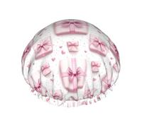 Grand bonnet de douche réutilisable pour femme - Double ruban rose imprimé couche pour cheveux avec corde élastique et doublure en PEVA