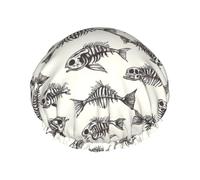 Grand bonnet de douche réutilisable pour femme - Double squelette de poisson fossile imprimé bonnet de cheveux pour la douche avec corde élastique et doublure en PEVA