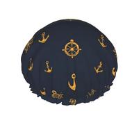 Grand bonnet de douche réutilisable pour femme - Imprimé ancre de bateau double couche avec doublure en PEVA et corde élastique