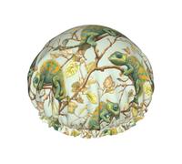 Grand bonnet de douche réutilisable pour femme - Imprimé caméléon vert - Bonnet de douche double couche pour la douche avec doublure en PEVA et corde élastique