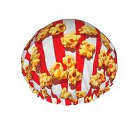 Grand bonnet de douche réutilisable pour femme - Imprimé pop-corn rouge et blanc double couche pour la douche avec doublure en PEVA et corde élastique