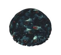 Grand bonnet de douche réutilisable pour femme - Imprimé requins foncés cool - Bonnet de douche double couche pour la douche avec doublure en PEVA et corde élastique