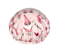 Grand bonnet de douche réutilisable pour femme - Joli nain rose imprimé double couche pour la douche avec doublure en PEVA et corde élastique