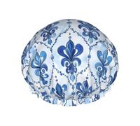 Grand bonnet de douche réutilisable pour femme - Motifs rétro bleus imprimés double couche pour la douche avec corde élastique et doublure en PEVA