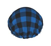 Grand bonnet de douche réutilisable pour femme - Tendance et confortable à carreaux bleus et noirs imprimés A double couche pour la douche avec corde élastique et doublure en PEVA