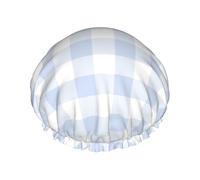 Grand bonnet de douche réutilisable pour femme - Tendance et confortable avec imprimé à carreaux bleus double couche pour la douche avec corde élastique et doublure en PEVA