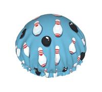 Grand bonnet de douche réutilisable pour femme - Tendance et confortable avec imprimé boule de bowling lumineuse double couche pour la douche avec corde élastique et doublure en PEVA