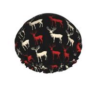 Grand bonnet de douche réutilisable pour femme - Tendance et confortable avec imprimé cerf blanc rouge double couche pour la douche avec corde élastique et doublure en PEVA