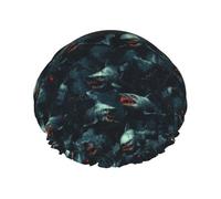 Grand bonnet de douche réutilisable pour femme - Tendance et confortable avec imprimé requins foncés double couche pour la douche avec corde élastique et doublure en PEVA