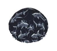 Grand bonnet de douche réutilisable pour femme - Tendance et confortable avec imprimé tête de mort de requin foncé double couche pour la douche avec corde élastique et doublure en PEVA