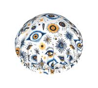 Grand bonnet de douche réutilisable pour femme - Tendance et confortable avec imprimé yeux bleus double couche pour la douche avec corde élastique et doublure en PEVA