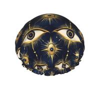 Grand bonnet de douche réutilisable pour femme - Tendance et confortable avec imprimé yeux bleus et dorés double couche pour la douche avec corde élastique et doublure en PEVA