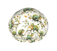 Grand bonnet de douche réutilisable pour femme - Tendance et confortable - Imprimé caméléon vert A double couche pour la douche avec corde élastique et doublure en PEVA