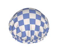 Grand bonnet de douche réutilisable pour femme - Tendance et confortable - Imprimé carreaux carrés bleus et blancs - Double couche pour la douche - Avec corde élastique et doublure en PEVA