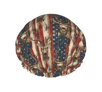 Grand bonnet de douche réutilisable pour femme - Tendance et confortable - Imprimé cerf patriotique américain double couche pour la douche avec corde élastique et doublure en PEVA