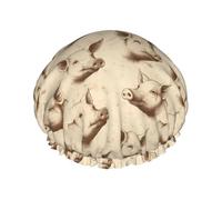 Grand bonnet de douche réutilisable pour femme - Tendance et confortable - Imprimé cochon mignon double couche de cheveux pour la douche avec corde élastique et doublure en PEVA