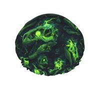 Grand bonnet de douche réutilisable pour femme - Tendance et confortable - Imprimé crâne de dinosaure vert éclair double couche pour la douche avec corde élastique et doublure en PEVA