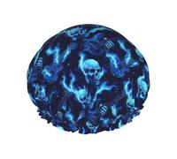 Grand bonnet de douche réutilisable pour femme - Tendance et confortable - Imprimé crâne de feu bleu guitariste double couche pour la douche avec corde élastique et doublure en PEVA