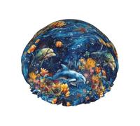 Grand bonnet de douche réutilisable pour femme - Tendance et confortable - Imprimé dauphin, cochon, tortue - Double couche de cheveux pour la douche avec corde élastique et doublure en PEVA