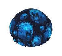 Grand bonnet de douche réutilisable pour femme - Tendance et confortable - Imprimé lion bleu flamme (A) double couche pour la douche avec corde élastique et doublure en PEVA