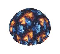 Grand bonnet de douche réutilisable pour femme - Tendance et confortable - Imprimé tête de lion de feu rouge et bleu - Double couche de cheveux pour la douche avec corde élastique et doublure en PEVA