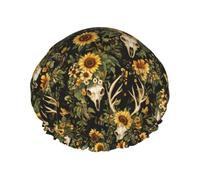 Grand bonnet de douche réutilisable pour femme - Tendance et confortable - Imprimé tête de mort de cerf tournesol double couche pour la douche avec corde élastique et doublure en PEVA