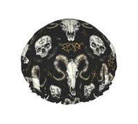 Grand bonnet de douche réutilisable pour femme - Tendance et confortable - Imprimé tête de mort de chèvre noir doré double couche pour la douche avec corde élastique et doublure en PEVA