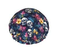 Grand bonnet de douche réutilisable pour femme - Tendance et confortable - Imprimé tête de mort hawaïenne double couche pour la douche avec corde élastique et doublure en PEVA