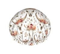 Grand bonnet de douche réutilisable pour femme - Tendance et confortable - Imprimé tête de mort rose double couche pour la douche avec corde élastique et doublure en PEVA