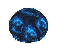 Grand bonnet de douche réutilisable pour femme - Tendance et confortable Tête de loup avec imprimé flamme bleue Double couche de cheveux pour la douche avec corde élastique et doublure en PEVA