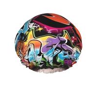 Grand bonnet de douche réutilisable pour homme et femme - Imperméable - Lavable - Graffiti Hip Hop - Bande élastique double couche pour cheveux longs, tresses