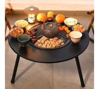 Grand brasero à bois avec couvercle amovible et table ronde en métal - Brasero d'extérieur 3 en 1 pour terrasse, feu de camp, barbecue, camping, pique-nique - Grille à charbon et pince incluses