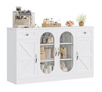Grand buffet de 140 cm avec tiroir et étagères, 3 étagères spacieuses derrière portes en verre, meuble moderne de ferme pour cuisine, salle à manger, salon, blanc