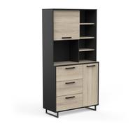 Grand Buffet De Cuisine 2 Portes 3 Tiroirs Et 4 Niches En Bois - Style Industriel - Waterproof - Coloris Noir Mat & Chêne - 39,7 x 92 x 179,5 cm
