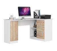Grand bureau d'angle AKORD droit B20 Blanc 155 cm 1 porte 3 tiroirs façade Chêne Sonoma 4 étagères 155x85x77 cm