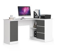 Grand bureau d'angle AKORD droit B20 Blanc 155 cm 1 porte 3 tiroirs façade Gris Graphite 4 étagères 155x85x77 cm