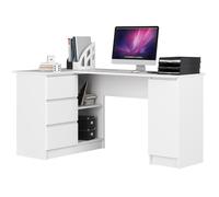 Grand bureau d'angle AKORD gauche B20 Blanc 155 cm 1 porte 3 tiroirs façade Blanche 4 étagères 155x85x77 cm