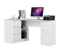 Grand bureau d'angle AKORD gauche B20 Blanc 155 cm 1 porte 3 tiroirs façade Blanche Brillante 4 étagères 155x85x77 cm