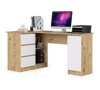 Grand bureau d'angle AKORD gauche B20 Chêne Artisan 155 cm 1 porte 3 tiroirs façade Blanche 4 étagères 155x85x77 cm