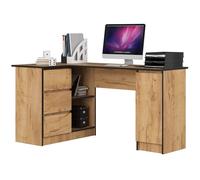 Grand bureau d'angle AKORD gauche B20 Chêne Craft 155 cm 1 porte 3 tiroirs façade Chêne Craft 4 étagères 155x85x77 cm